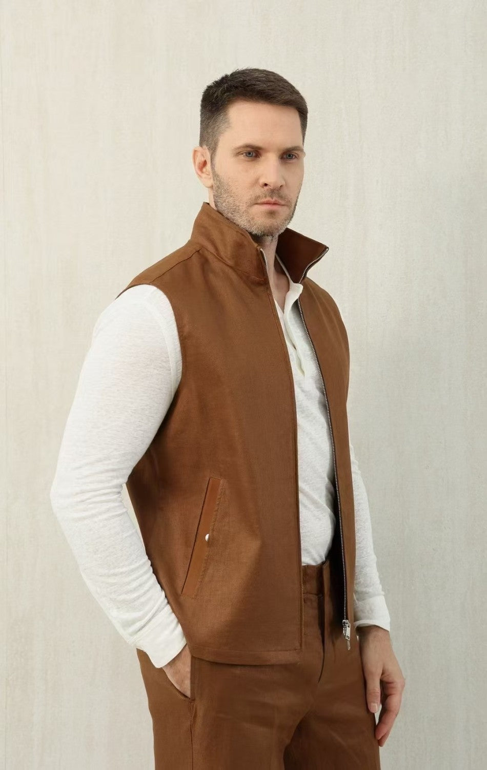 Ermenegildo Zegna Men's Spring And Autumn Solid Color Standing Collar Zipper Fit Sleeveless Vest Jacket Ngvp #1168