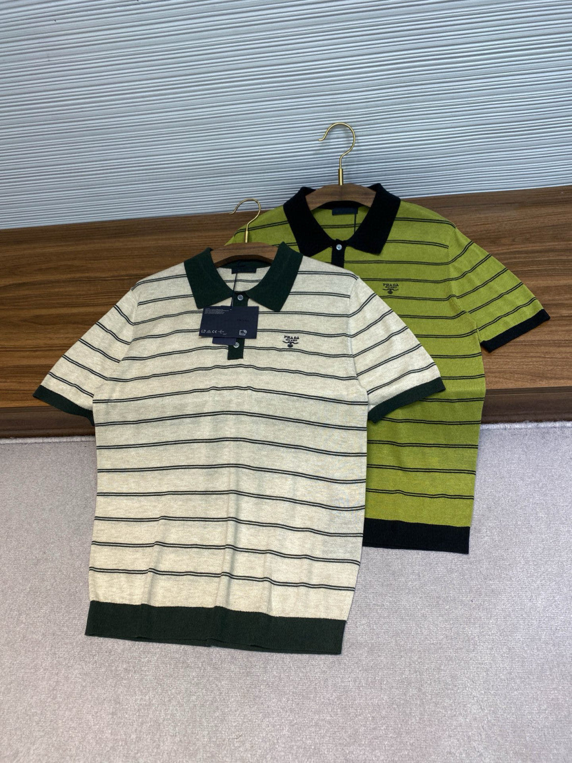 Prada Men's Summer Striped Logo Solid Color Knit Pullover Short Sleeve Polo Shirt #81199