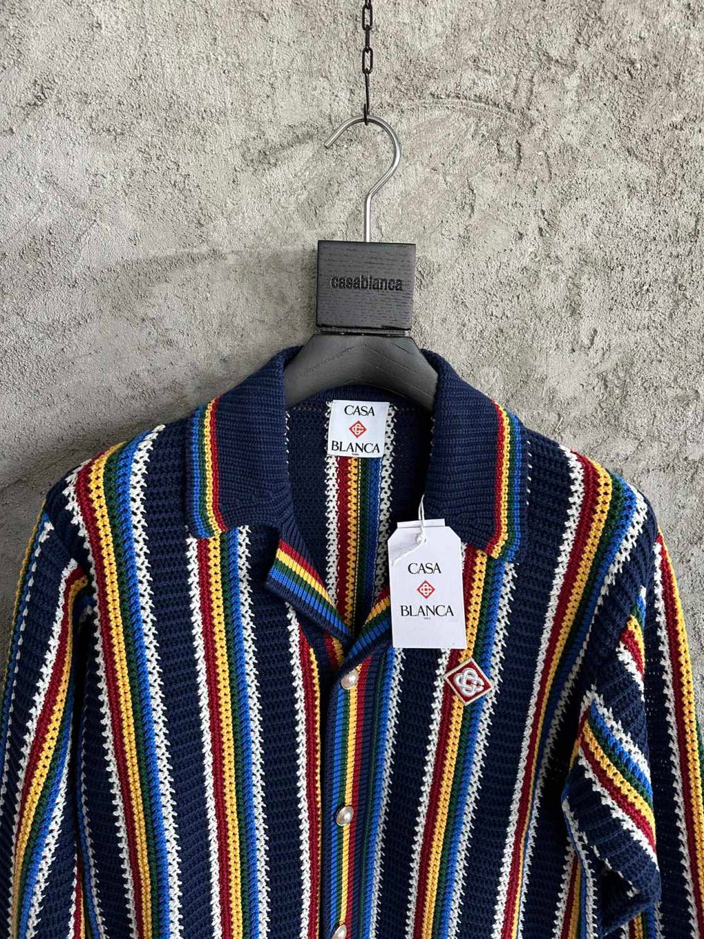 Casablanca Men's Spring And Summer Vertical Stripes Printed Single Breasted Long Sleeved Knitted Shirt Drawstring Tie Casual Knitted Shorts Suit Set #76349
