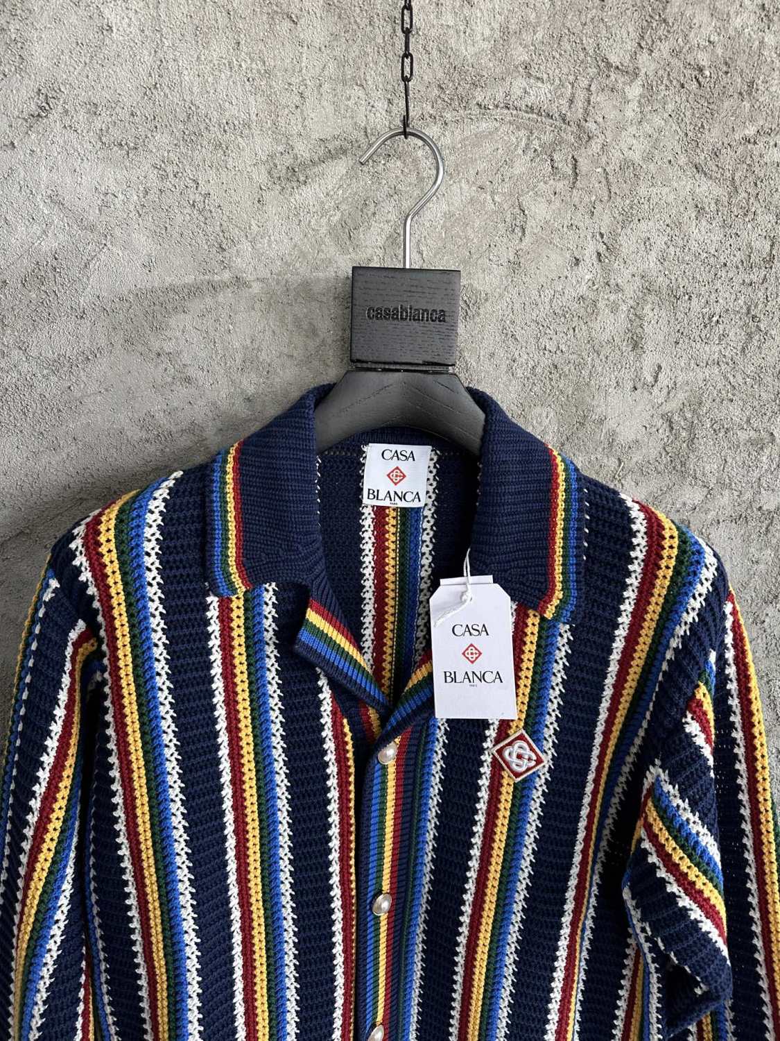 Casablanca Men's Spring And Summer Vertical Stripes Printed Single Breasted Long Sleeved Knitted Shirt Drawstring Tie Casual Knitted Shorts Suit Set #76349