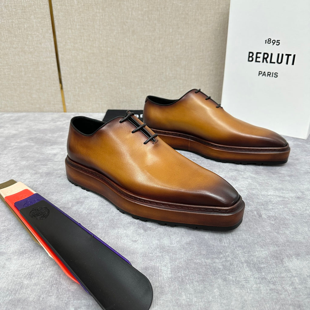 Berluti Alessandro Altof Men's Fall/Winter Fashion Classic Round Toe Slip On Lace Up Handcrafted Vintage Leather Oxford Shoes #79112