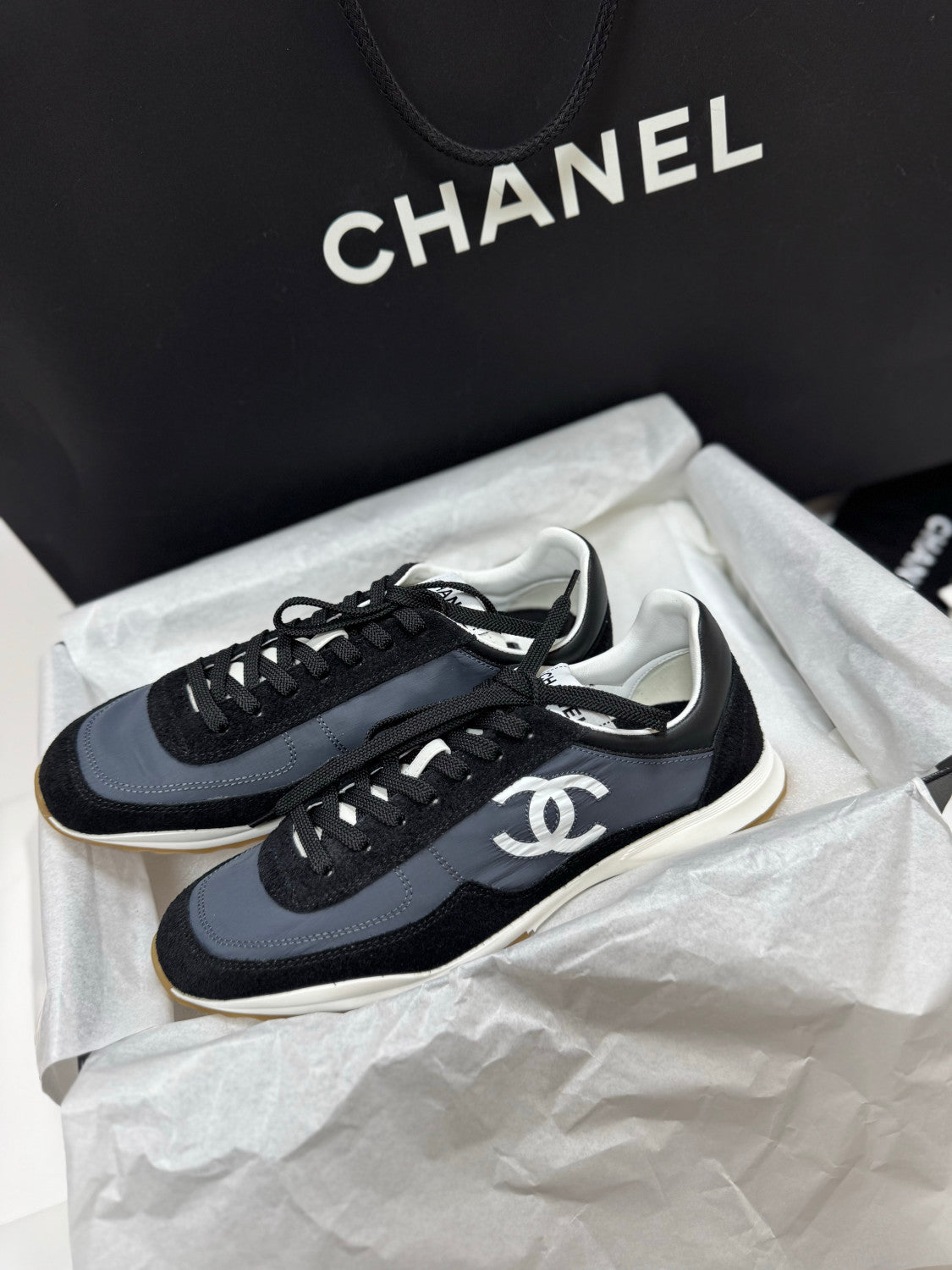 CHANEL Sneakers Calfskin Suede Calfskin White Black #381216