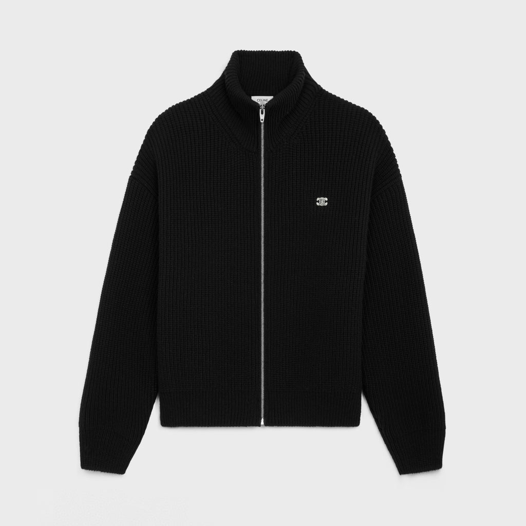 Celine TRIOMPHE Men's Spring/Autumn Solid Color Fashionable Casual Logo Embroidered Zipper Long Sleeve Wool Trucker Sweater Jacket #78242