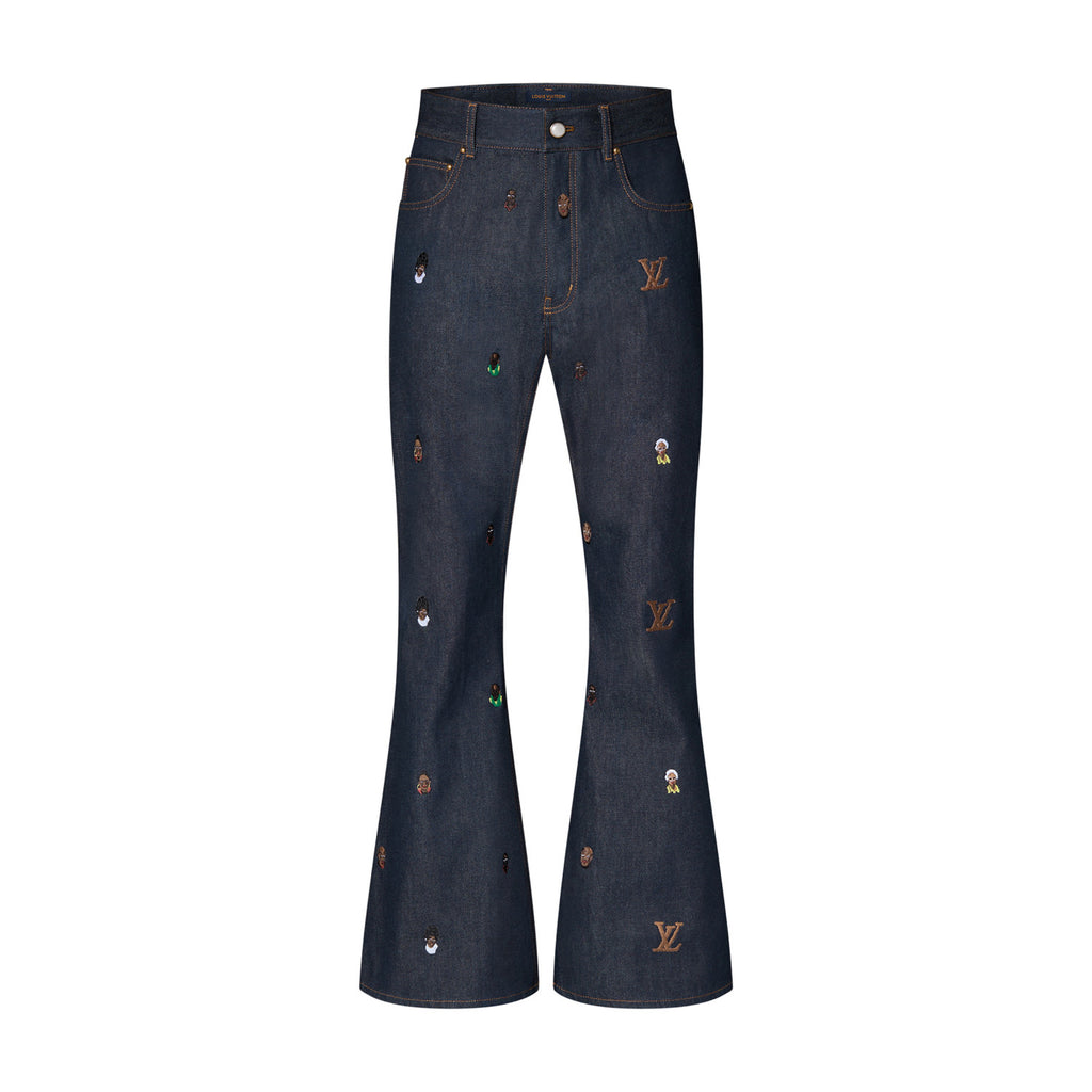 Louis Vuitton Men's Spring And Fall Dark Blue Monogrammed Embroidered Single-breasted Button Lapel Loose Casual Denim Long-sleeved Jacket Flared Jeans Pants Set Suit #73275
