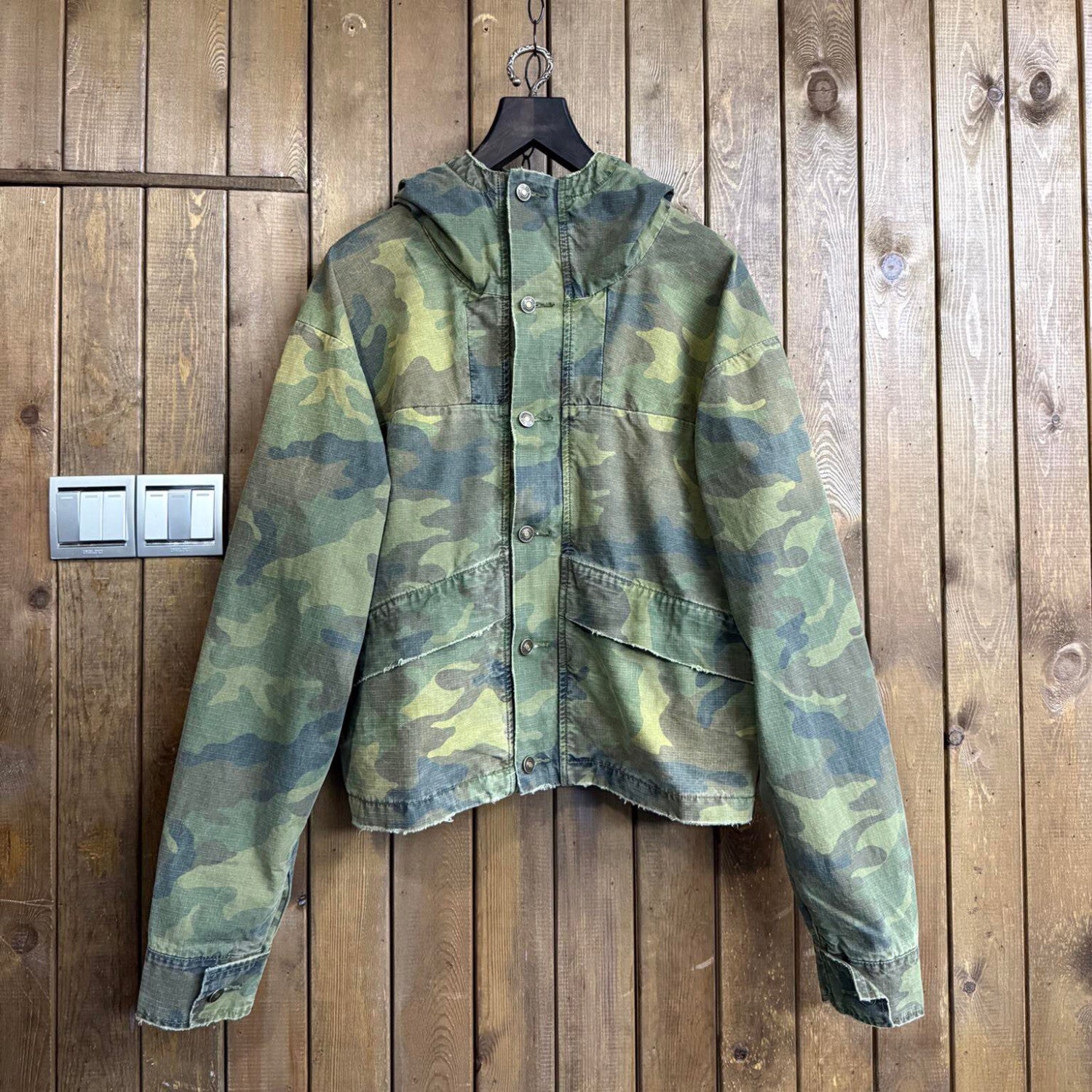 424 Men's Spring and Autumn Camouflage Aged Raw Edge Hooded Zipper Long Sleeve Jacket #73827