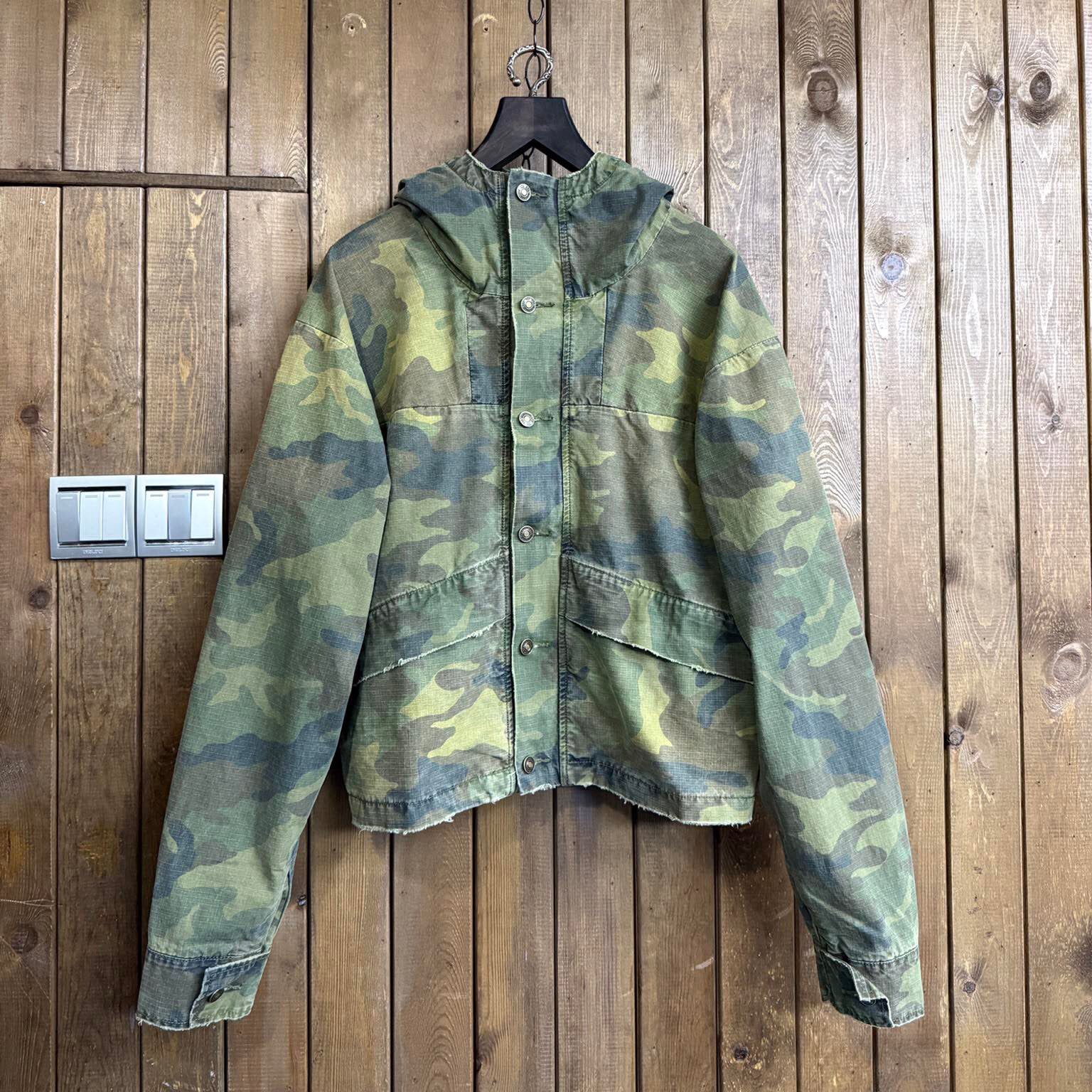 424 Men's Spring and Autumn Camouflage Aged Raw Edge Hooded Zipper Long Sleeve Jacket #73827