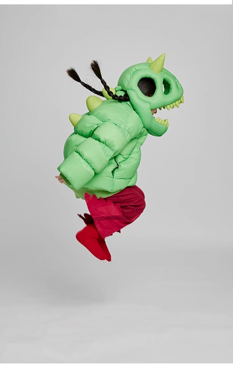 Kid's Autumn And Winter Solid Color Three-Dimensional Cutting Dinosaur Cap Hooded Loose Long-Sleeved Puffer Down Jacket #31323