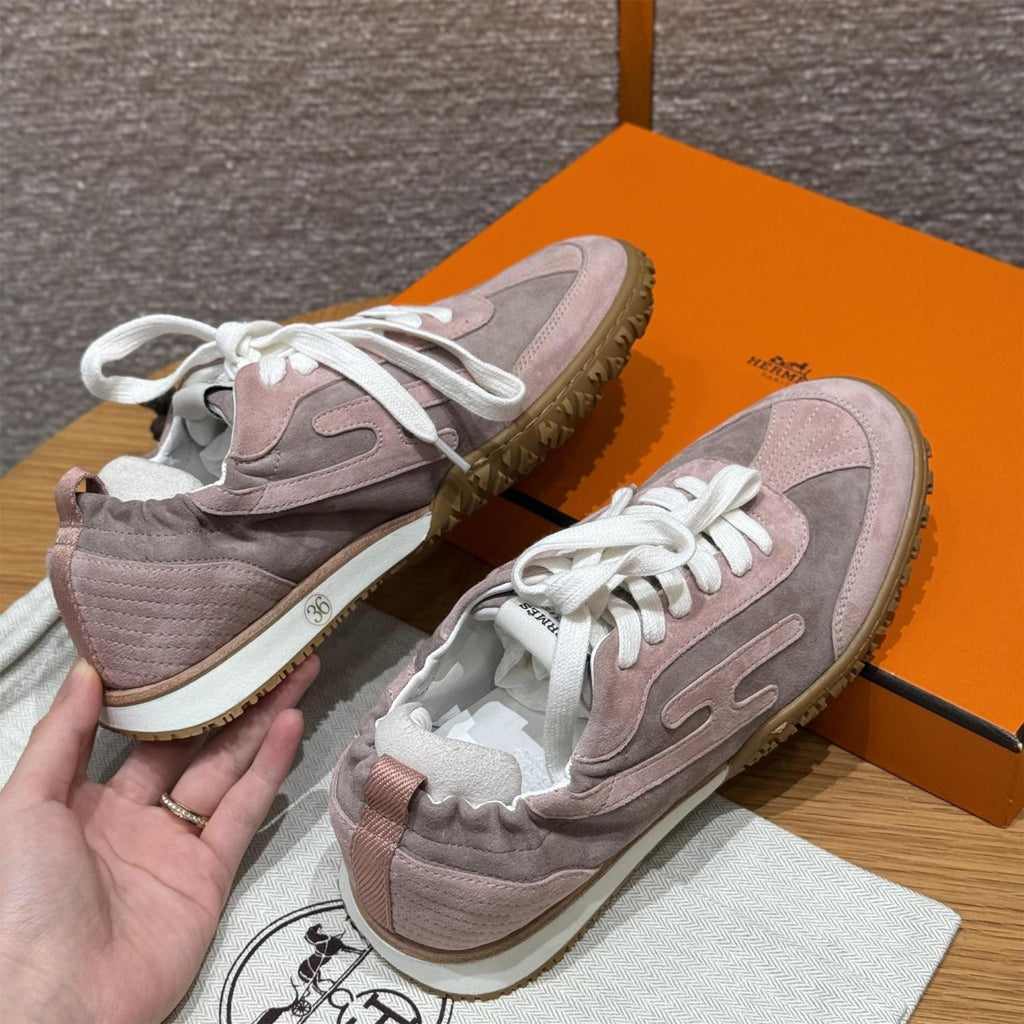 Hermes Jet Women's Four-Season Color-Blocked Suede Fabric Rubber Sole Low-Top Lace-Up Sneakers Shoes #77573