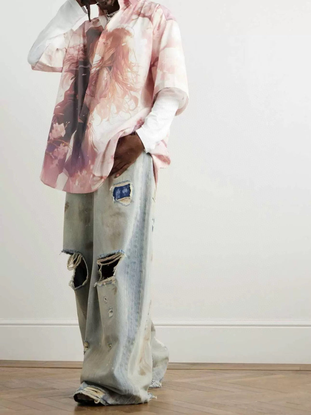 Vetements Men's Four Season Mid Rise Solid Color Distressed Holes Jeans Casual Cotton Loose Wide Leg Pants Ngvp #1211