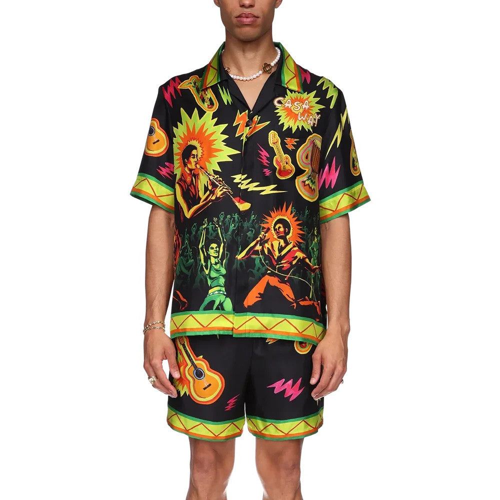 Casablanca Men's Summer Rock Pattern Print Lapel Single Breasted Short Sleeved Shirt Loose Casual Shorts Set Suit #75543