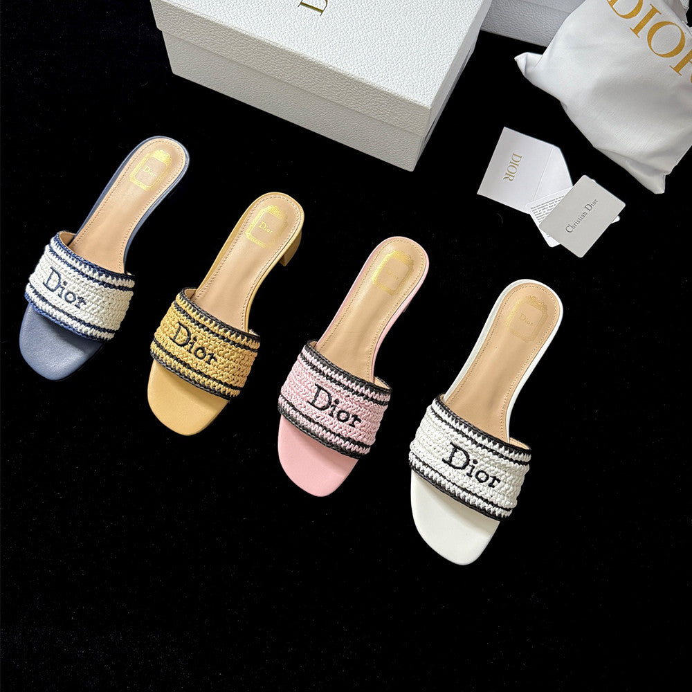 DIOR Dioriviera Dior Woven Heeled Slide Trench Crocheted Raffia-Effect Technical Fabric #387799