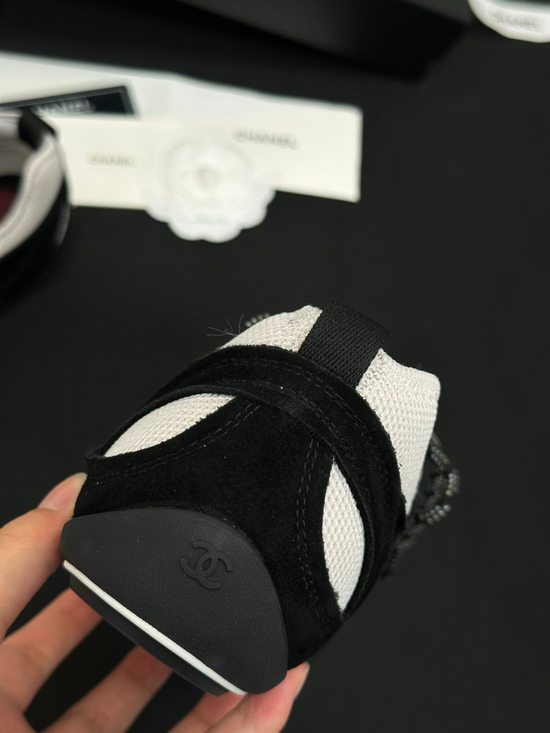 CHANEL Sneakers Velvet Calfskin Mixed Fibers Black White #386496