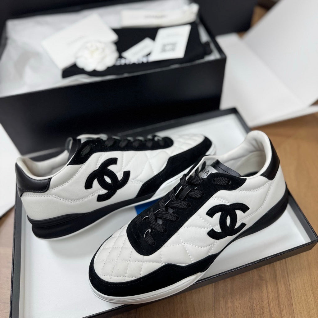 CHANEL Sneakers Calfskin Suede Kidskin White Black #378783
