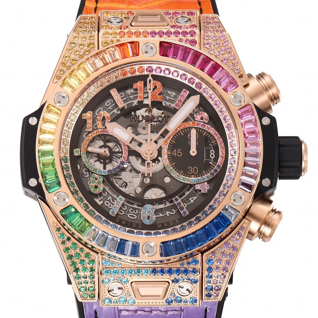 Hublot Men's Automatic Mechanical Movement Date Display Chronograph Skeleton with Colorful Diamonds Watch #76264