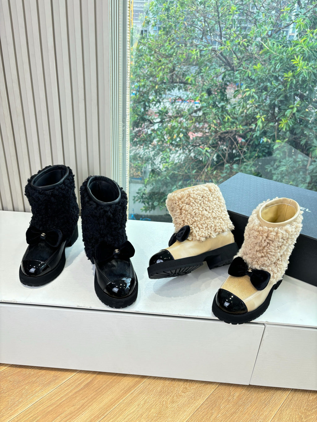 Chanel Short Boots Shearling Lambskin Calfskin Lambskin Patent Calfskin Beige Black #334244