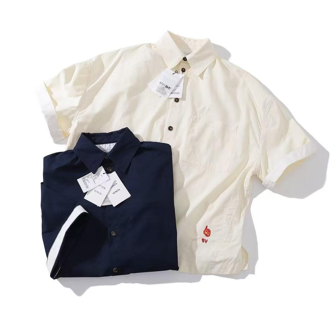 Bottega Veneta Men's Summer Solid Color Embroidered Matchstick Print Single Button Short Sleeve Shirt #77111