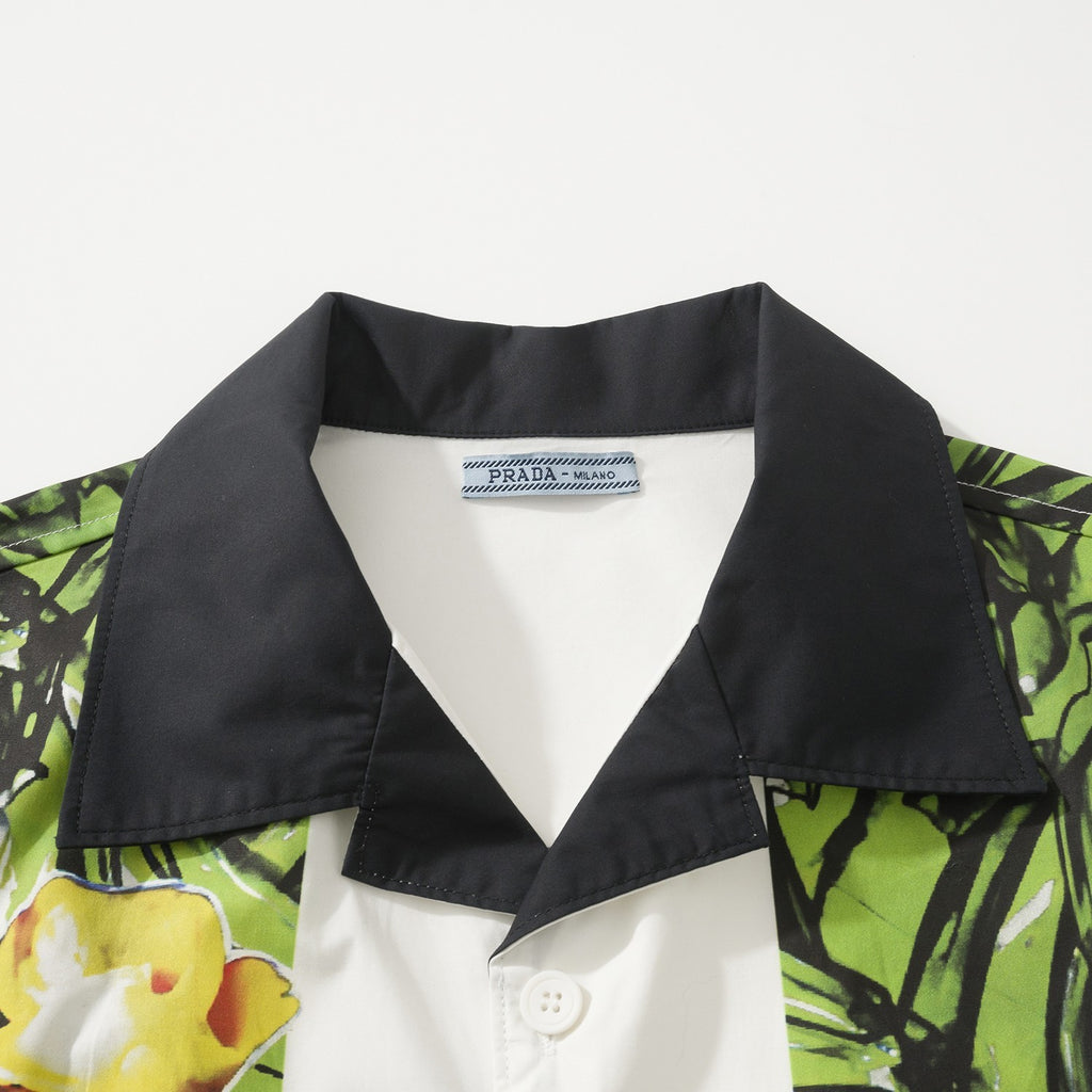 Prada Men's Women's Summer Colorblocked Floral Logo Printed Cotton Short Sleeve Shirt Ngvp #1777