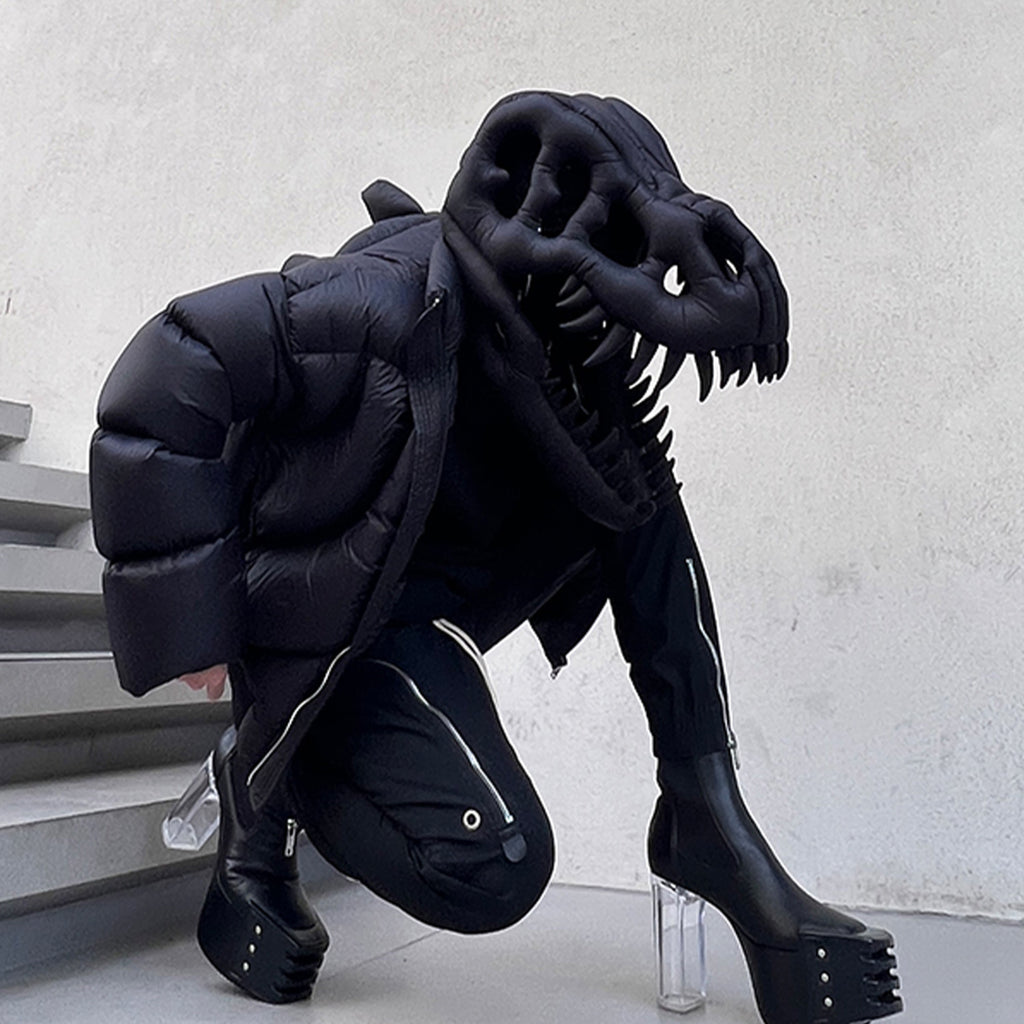 Rick Owens Men's And Women's Fall And Winter Dinosaur Down Jacket Black Handmade Customized Tyrannosaurus Rex Design Ski Suit Thickened White Duck Down Ngvp #8863