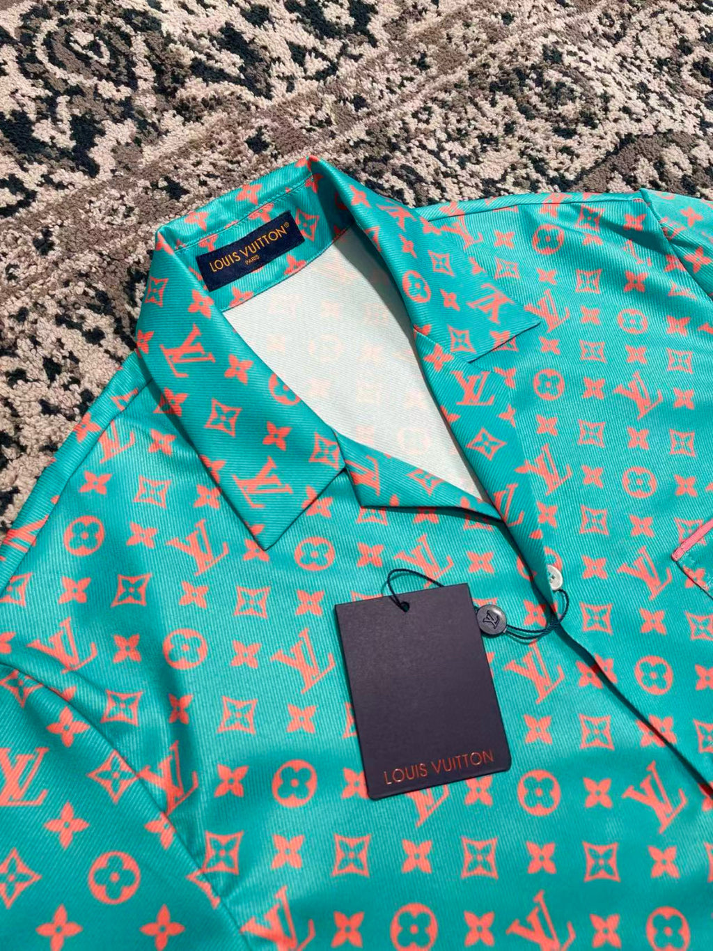 Louis Vuitton Men's Summer Solid Color Letter Print V-Neck Single Button Short Sleeve Shirt and Casual Drawstring Shorts Set Suit #77244