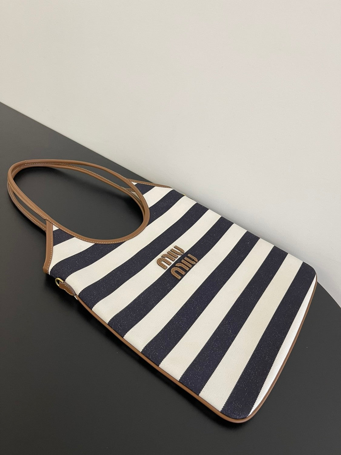 MiuMiu IVY Women's Embroidered Letter Print Striped Canvas and Leather Handbag Tote Bag Bags #77934