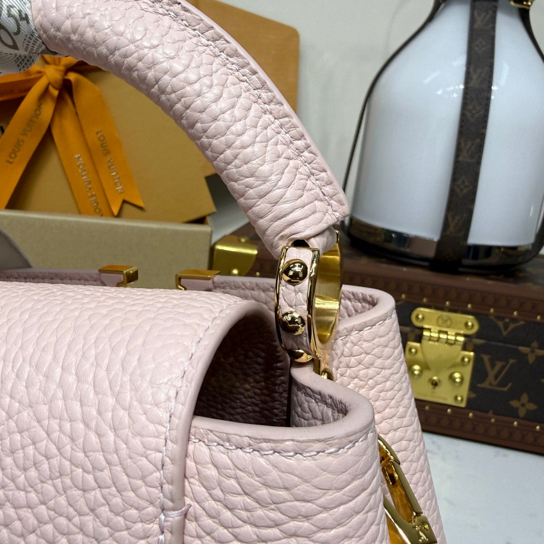 Louis Vuitton CAPUCINES MINI Handbag M24740 Cherry Blossom Pink Chip Monogram Floral Pattern Taurillon Leather Fashionable Modern Clutch Tote Crossbody Bag Bags #195564