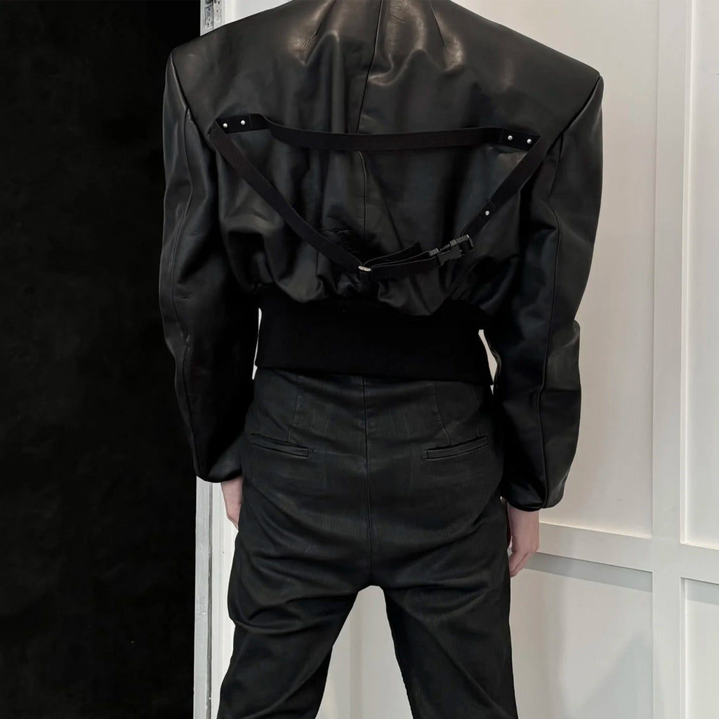 Rick Owens Men's Spring And Autumn Standing Collar Short Shoulder Padded Leather Jacket High Street Hip Hop Zip Long Sleeve Leather Jacket Ngvp #9828