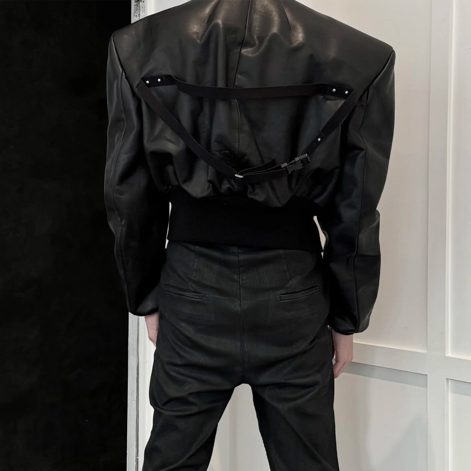 Rick Owens Men's Spring And Autumn Standing Collar Short Shoulder Padded Leather Jacket High Street Hip Hop Zip Long Sleeve Leather Jacket Ngvp #9828