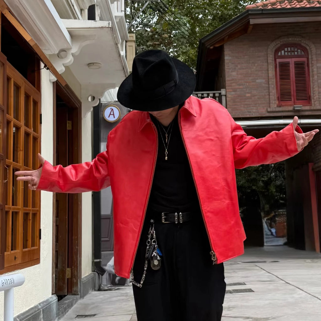 Yohji Yamamoto Pour Homme X Fan Bingbing Portrait Leather Jacket Men's Women's Autumn/winter Fashion Red Lapel Leather Zip Jacket Ngvp #9866