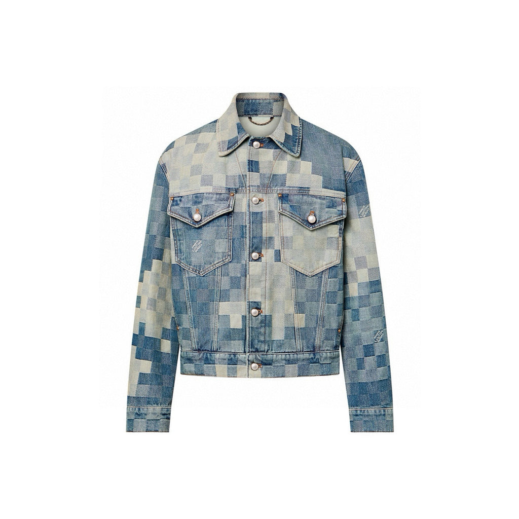 Louis Vuitton Men's Spring And Fall Fashion Plaid Denim Suit Gradient Washed Vintage Jacket Straight Casual Pants Ngvp #8154