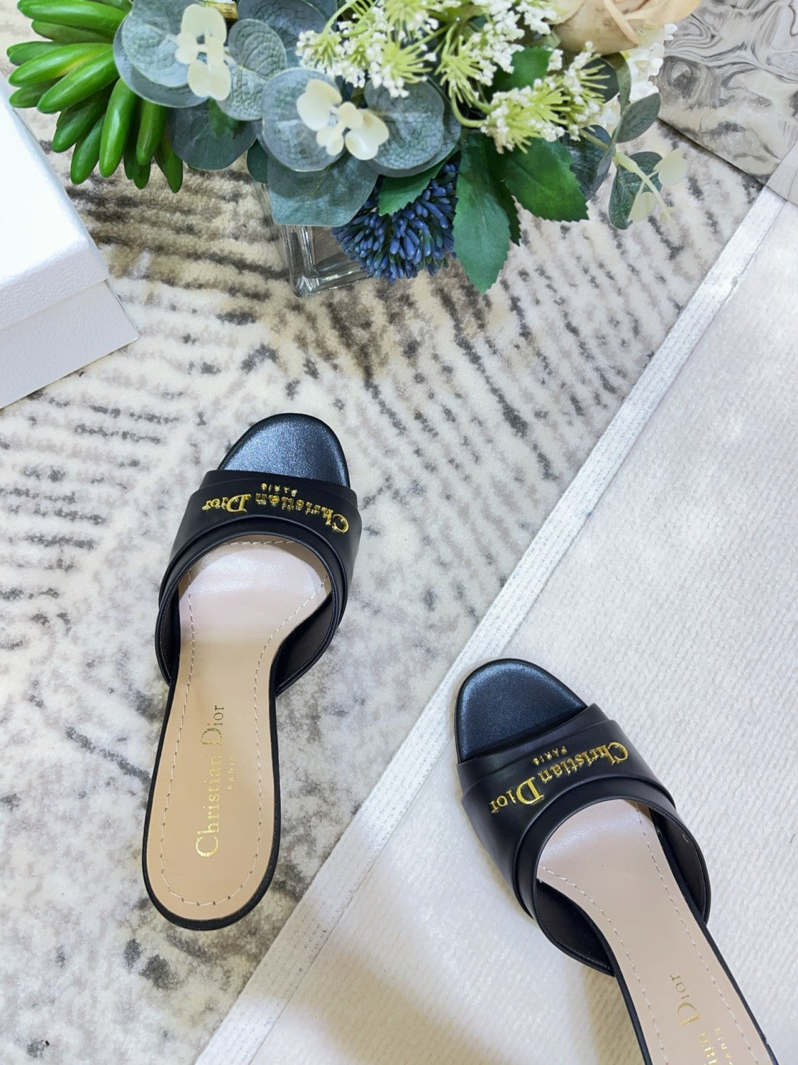 My Dior Heeled Slide Women's Summer Gold Letter Print Solid Color Leather 10cm High Heel Sandals Shoes #77216