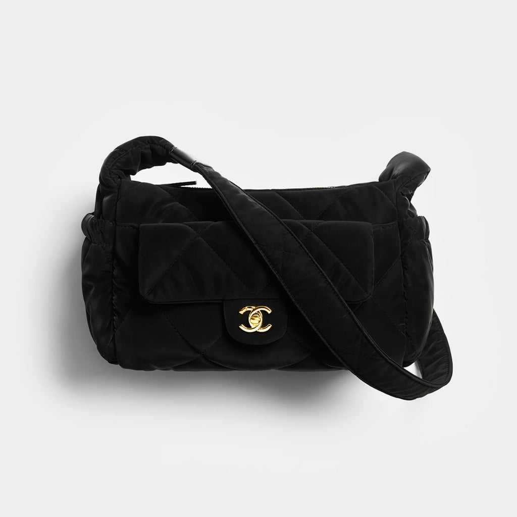 Chanel Large Bowling Bag With Velvet Effect Nylon And Gold Metal Logo Women's And Men's Fashionable Fall/winter Black Crossbody Bags #81986A