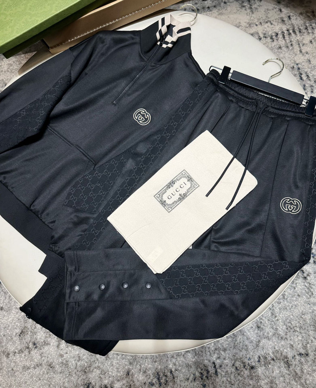 Gucci Men's Spring and Autumn Black Logo Embroidery Zipper Standing Collar Long Sleeve Jacket Elastic Knit Sweatpants Pants Suit Set #98786