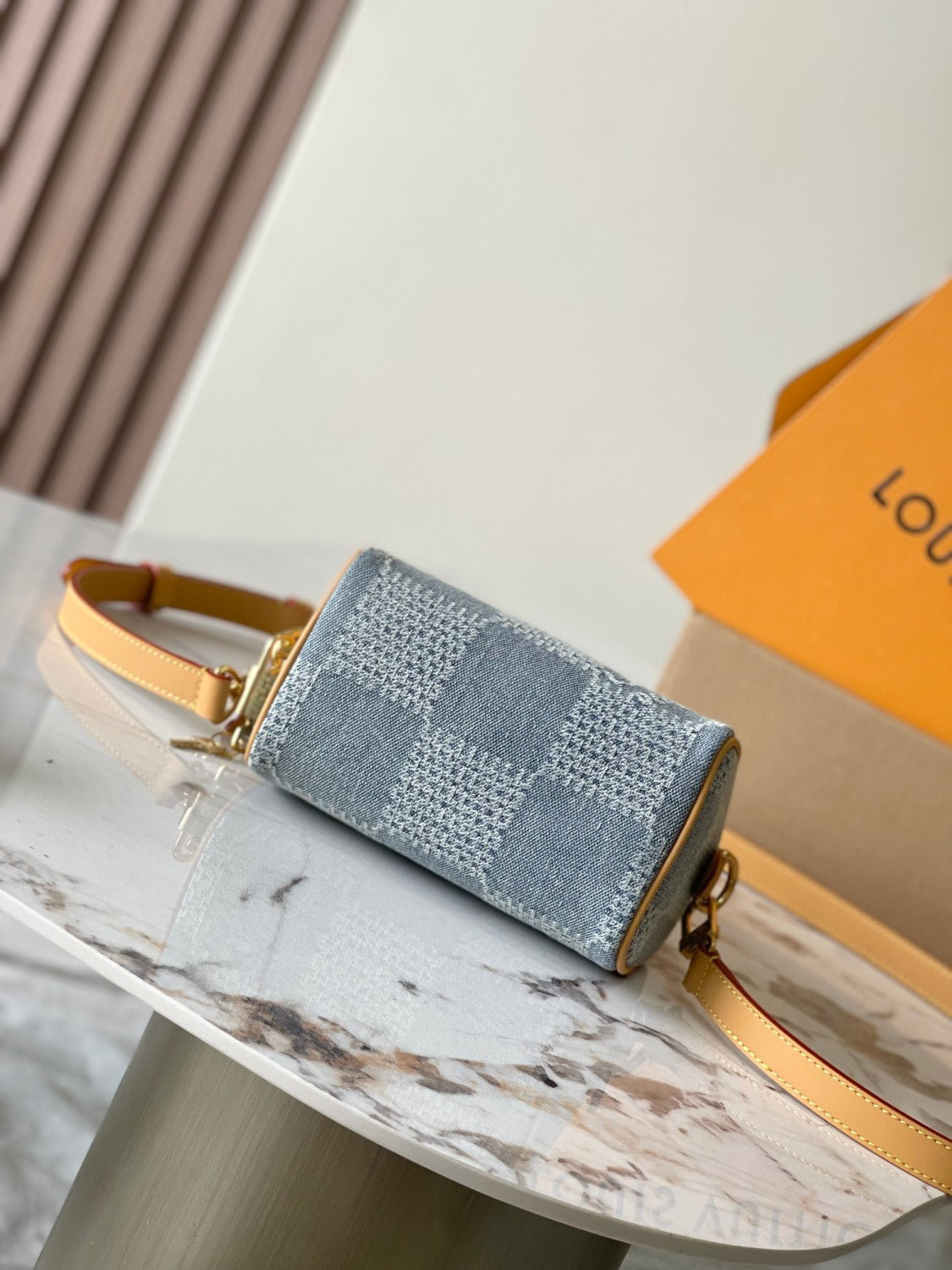 Louis Vuitton Speedy 18 Bandoulière Men's and Women's Checkerboard Printed Denim Patchwork Leather Single Shoulder Crossbody Tote Bag Bags #76848