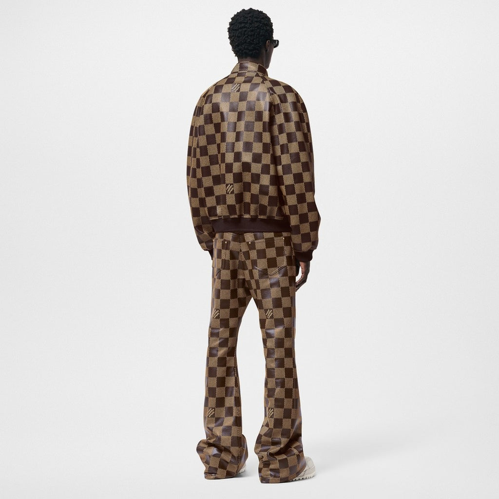 Louis Vuitton Men's Fall And Winter Brown Checkerboard Pattern Collar Zipper Cowhide Long Sleeved Jacket #72772