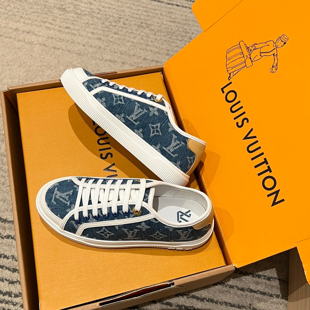 Louis Vuitton LV Lagoon Men's And Women's Solid Color Letter Print Lace-up Low-top Denim Leather Sneakers Shoes #77732