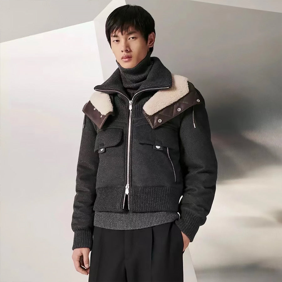 Hermes Men's Spring/Fall Patchwork Leather-Fur Collar Cashmere Casual Solid-Color Hooded Jacket Ngvp #2572