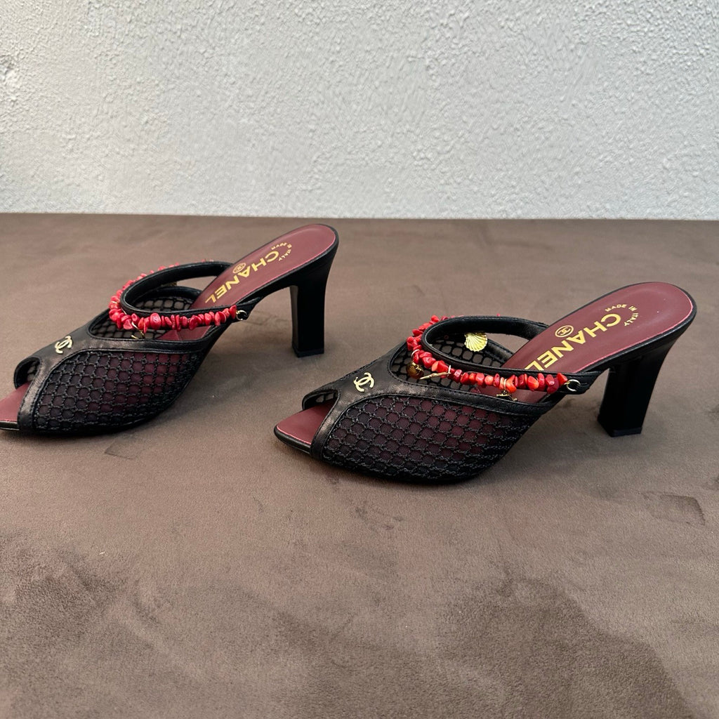 CHANEL Mules Mesh Cotton Lambskin Resin Metal Black #382390