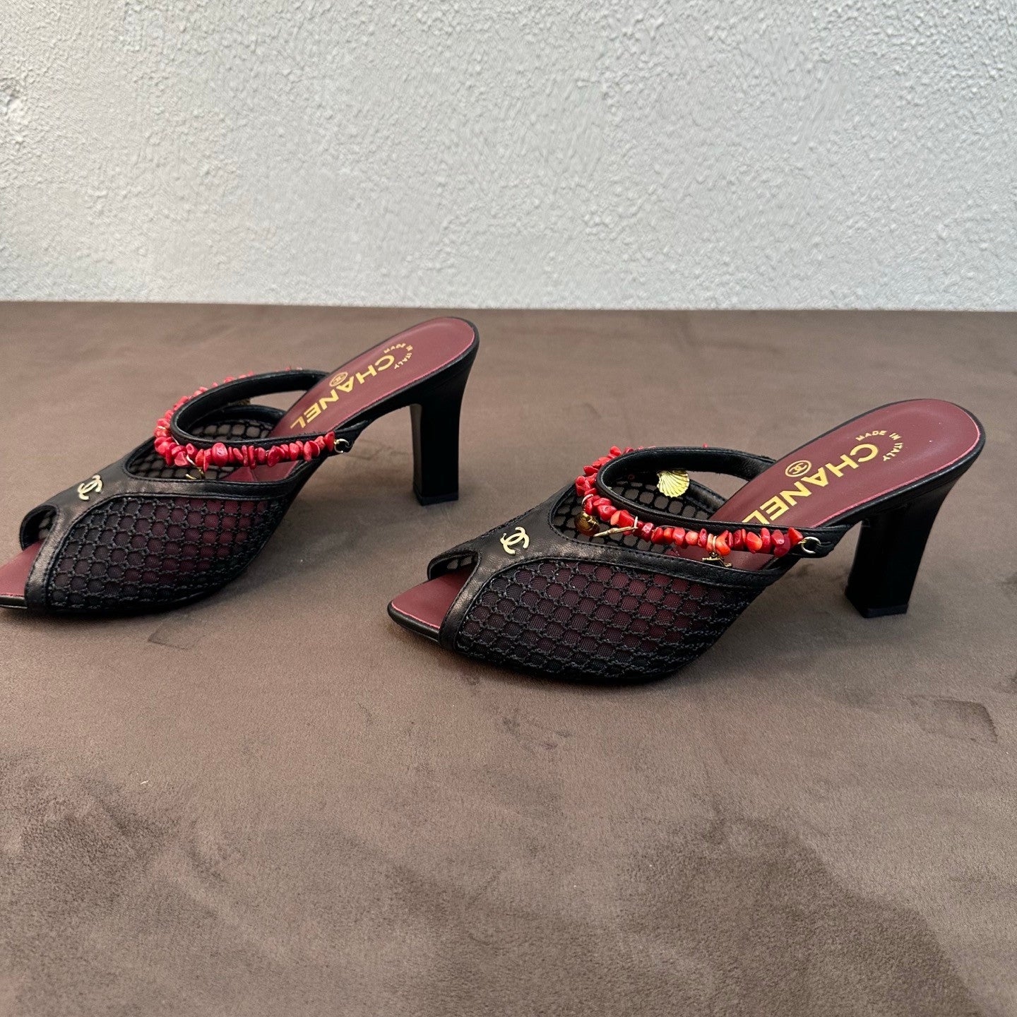 CHANEL Mules Mesh Cotton Lambskin Resin Metal Black #382390