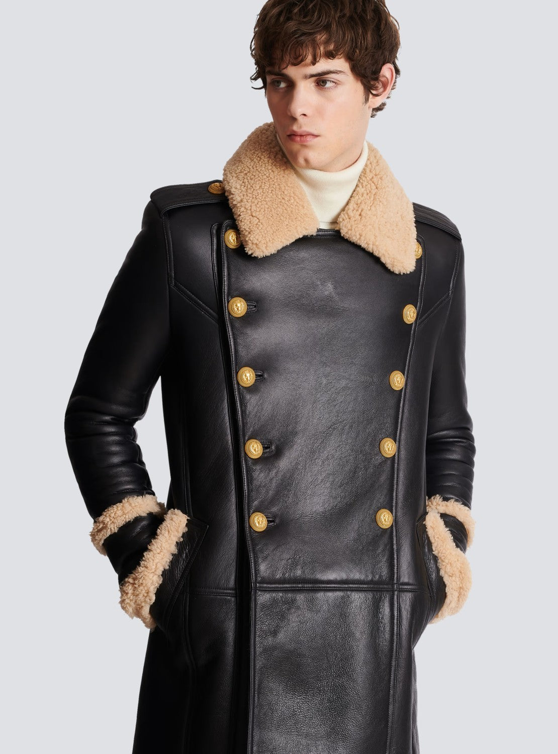 Balmain Men's Winter Solid Color Double Breasted Lapel Fashion Long Fit Fur Coat Ngvp #7427
