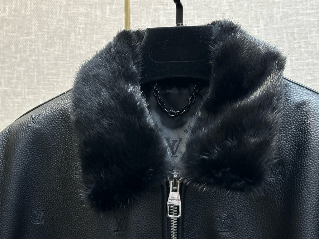 Louis Vuitton Men's Autumn/Winter Logo Embroidery Hair Collar Zip Cowhide Pilot Jacket #99476