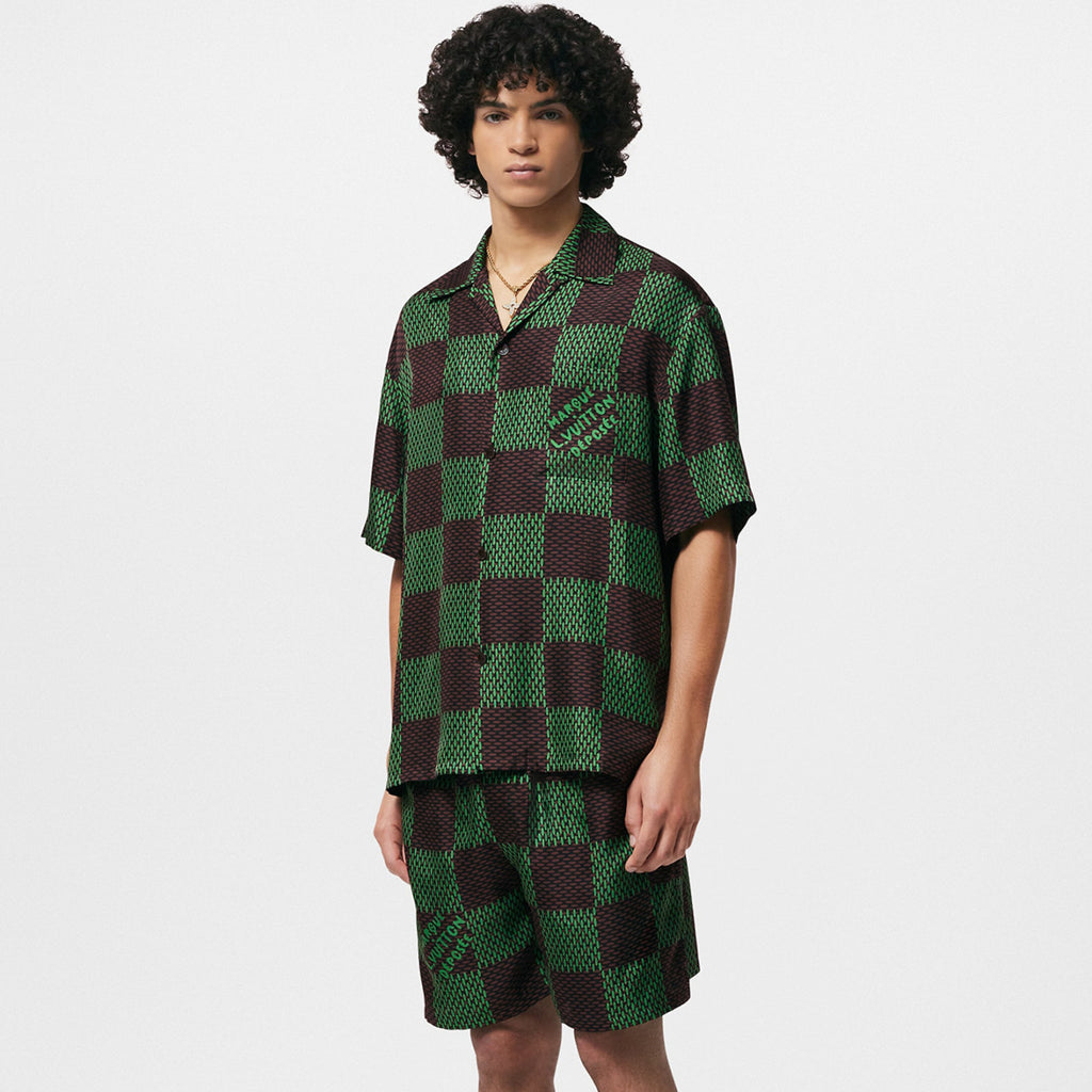 Louis Vuitton Men's Summer Green Checkerboard Logo Pattern Single Breasted Loose Short Sleeved Shirt High Waisted Elastic Leisure Shorts Pants Sei Suit #98616