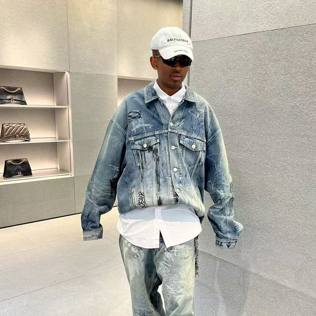 Balenciaga Men's Women's Spring And Autumn Graffiti Hand-painted Vintage Washed Denim Jacket Fashion Trend Loose Blue Loose Denim Jacket Ngvp #1974
