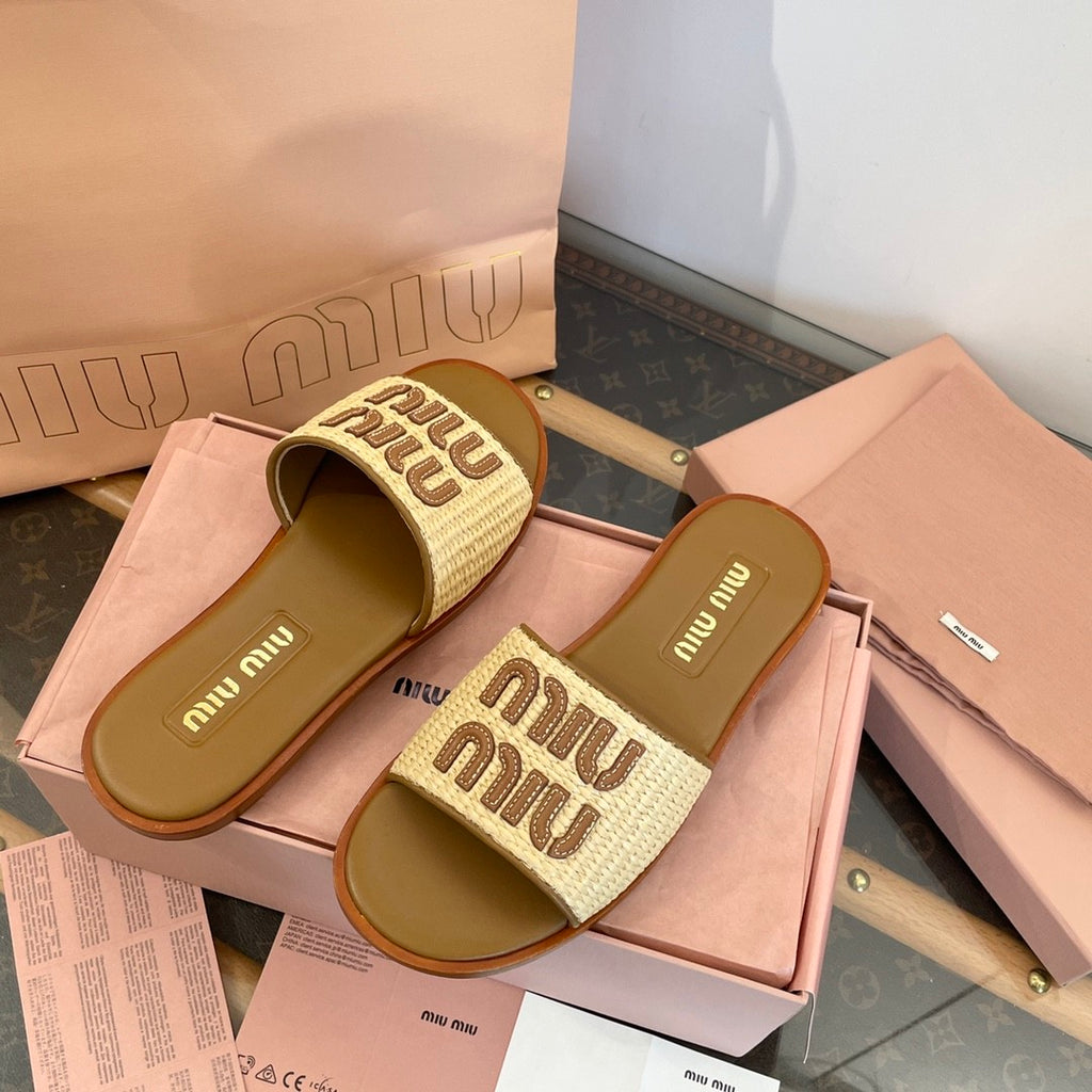 MiuMiu Women's Spring/Summer/Fall Logo Raffia Woven Leather Flat Sandals Casual Slippers Shoes #81553