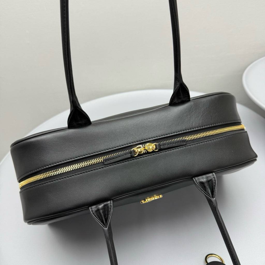 CHANEL Large Bowling Bag Calfskin Gold-tone Metal Black #383866
