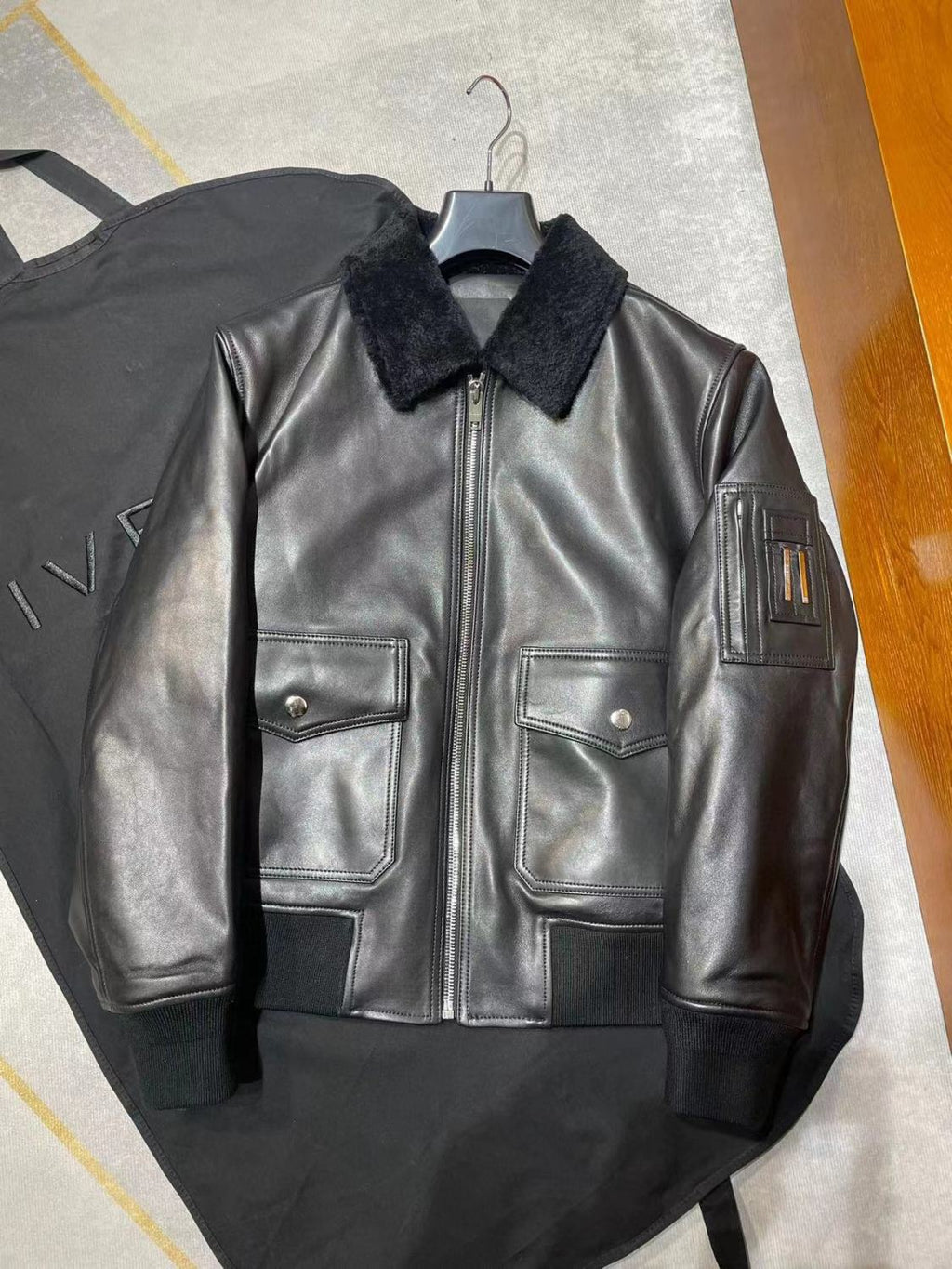 Givenchy Men's Winter Black Lamb Fur Collar Lapel Lambskin Leather Zipper Jacket #98473