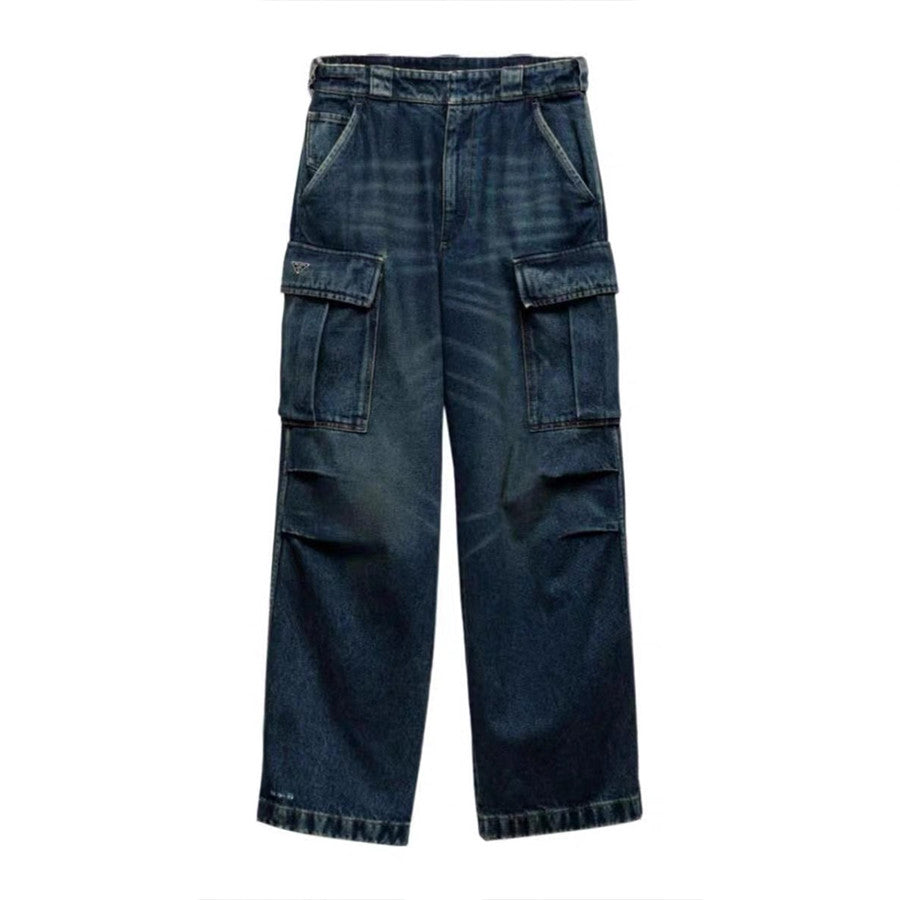 Prada Men's Four Seasons Logo Old Multi-Pocket Mid-Rise Loose Work Pants Cotton Denim Trousers Pants #81198