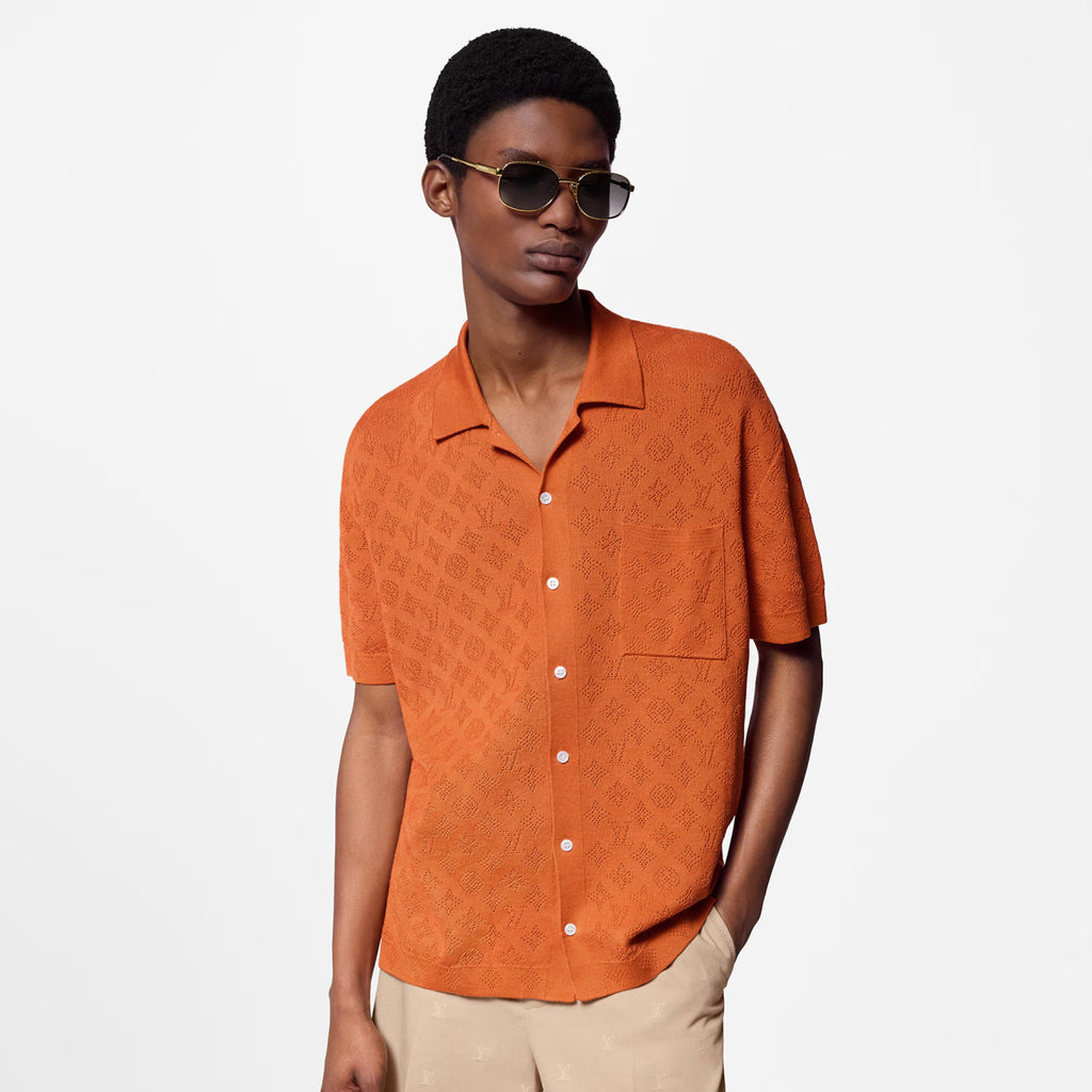 Louis Vuitton Men's Summer Orange Skeleton Letter Printed Single Breasted Short Sleeve Shirt #75627