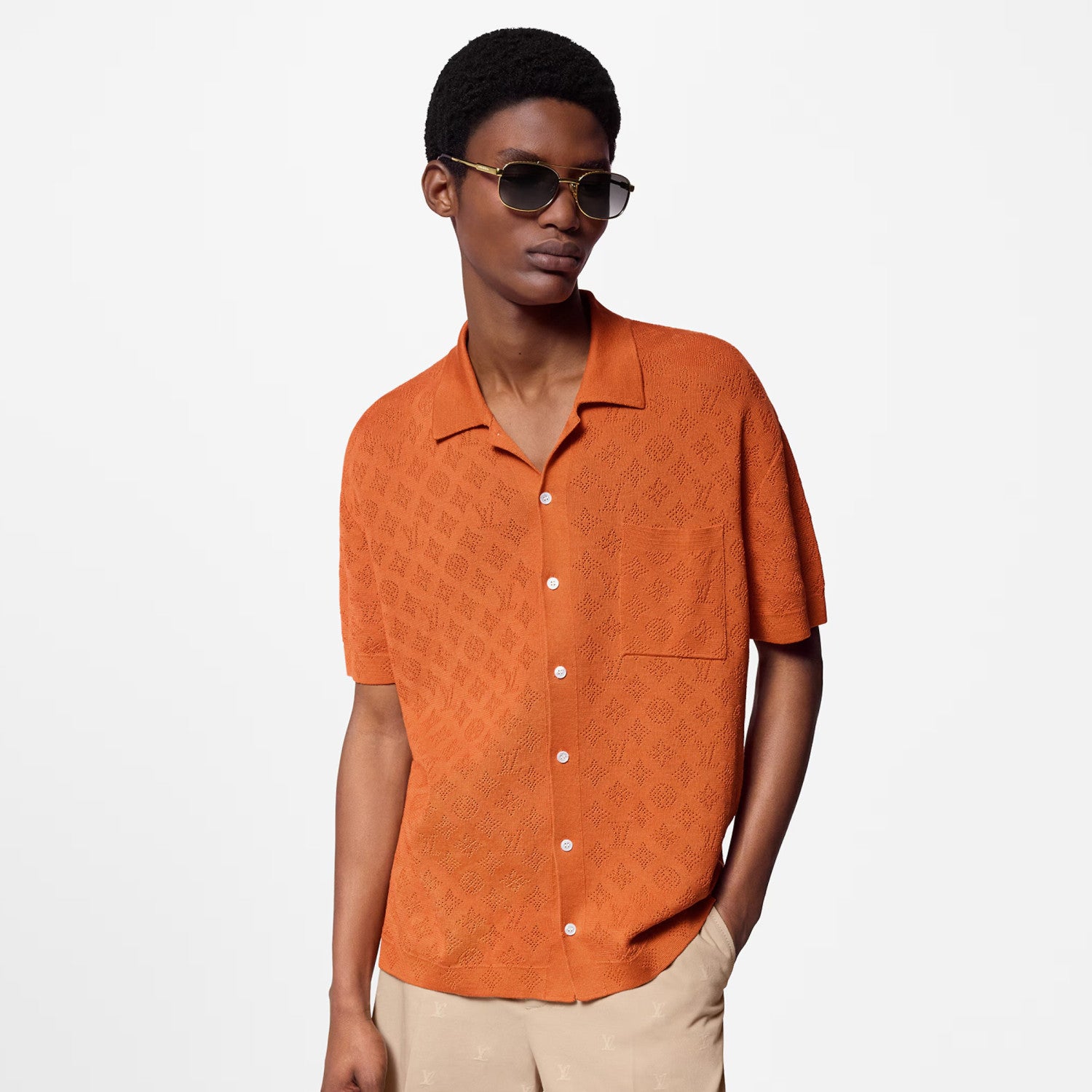 Louis Vuitton Men's Summer Orange Skeleton Letter Printed Single Breasted Short Sleeve Shirt #75627