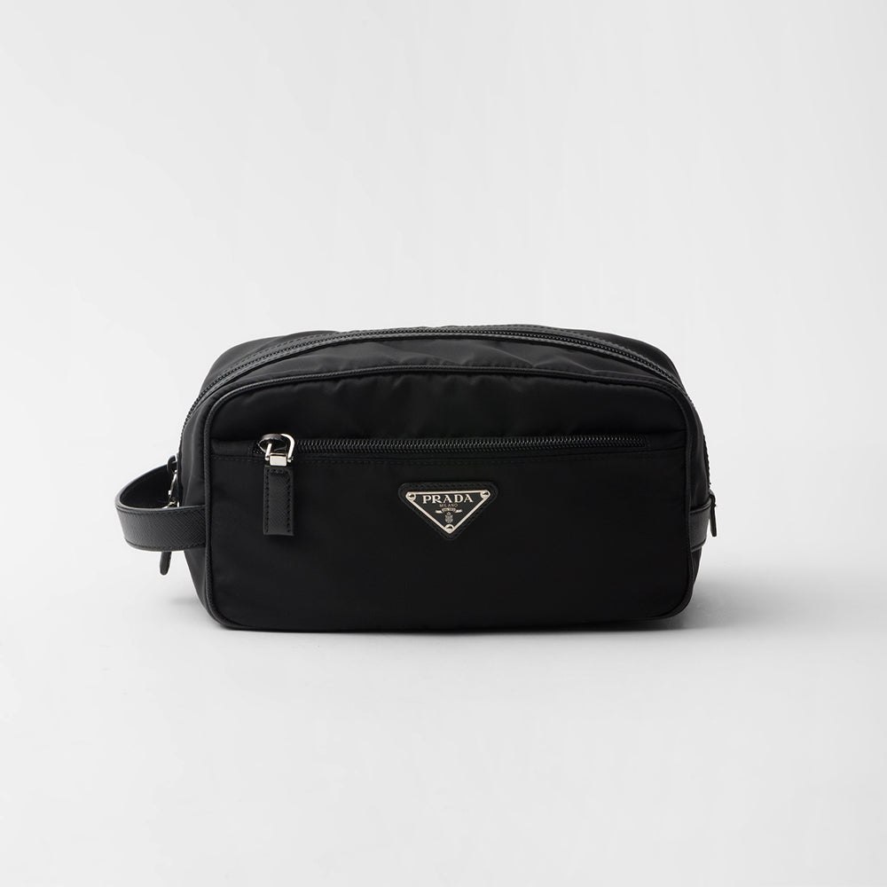 PRADA New Regenerated Nylon Enameled Triangle Logo Saffiano Leather Travel Storage Bag Toiletry Bag #332316