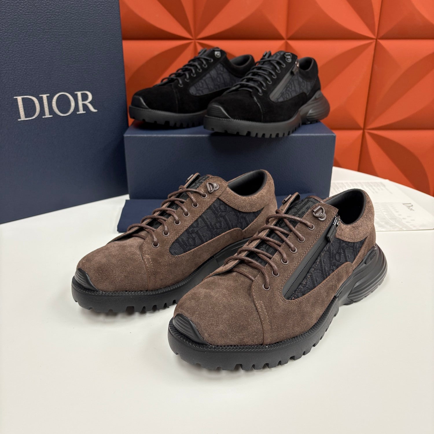 DIOR Comba Men's and Women's Spring/Summer Fashion Casual Solid Color Round Toe Lace Up Suede and Oblique Print Fabric Blend Casual Sneakers Shoes #78729